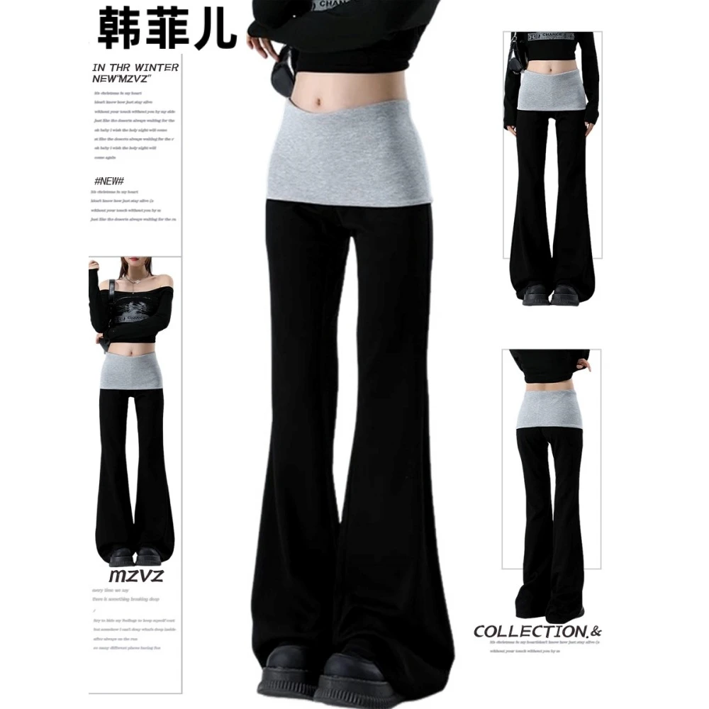 抖音质量美式黑色休闲微喇叭裤女2025新款显瘦百搭拼接阔腿运动裤