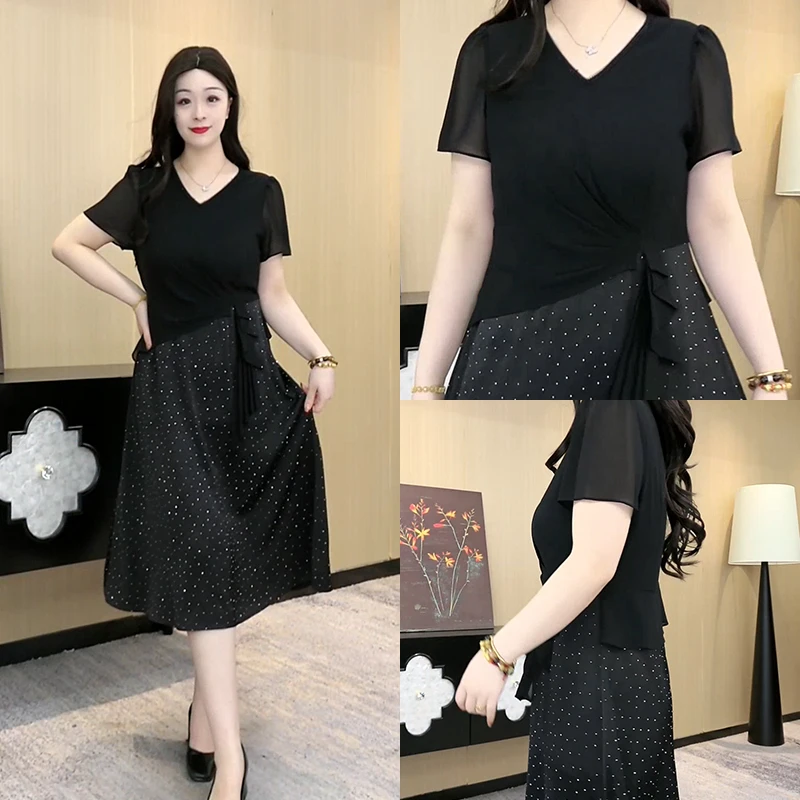 定制大码女装不规则拼接短袖连衣裙夏季新款烫钻裙子ZB6863