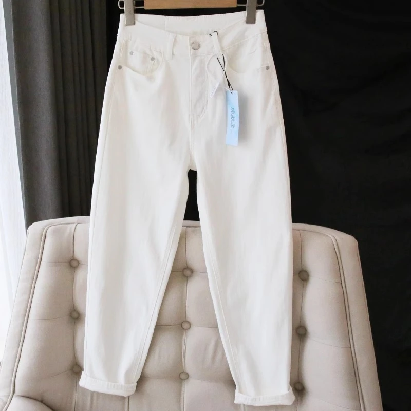 白色秋季新款哈伦牛仔裤女弹力宽松阔腿胖妹妹梨形身材萝卜老爹裤