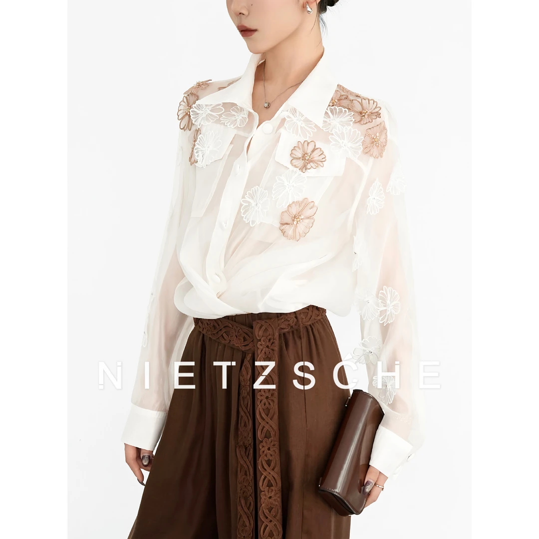 Nietzsche｜白朗姆｜人造丝 浪漫优雅 轻奢花朵手工钉珠衬衫50132