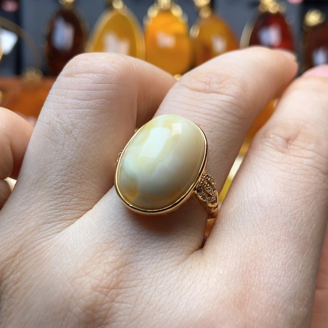 琥珀银S925镀金镶嵌戒指