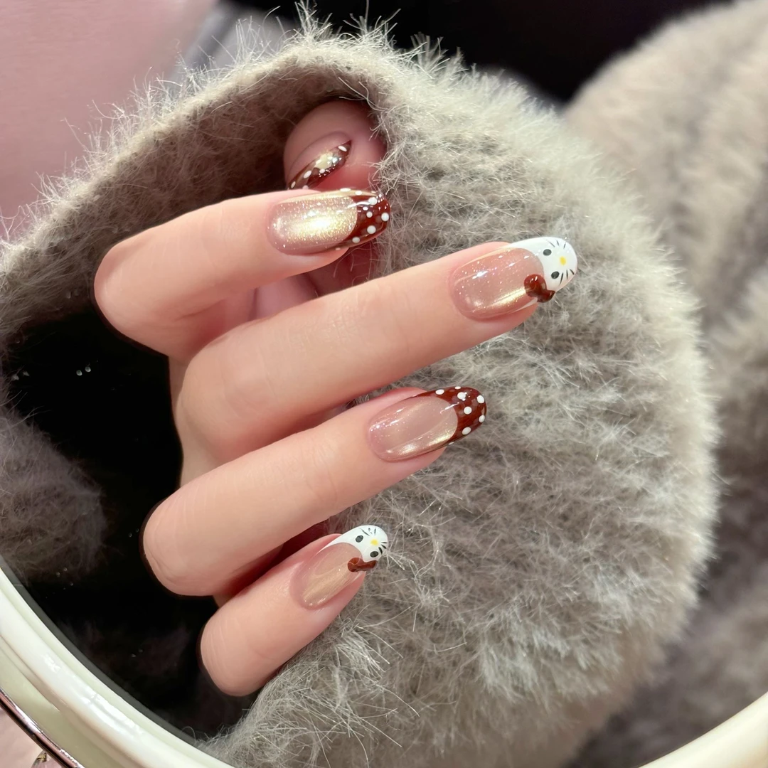 「S1941新年KITTY」红法式波点KT猫卡通纯手工穿戴甲 18种甲型定制