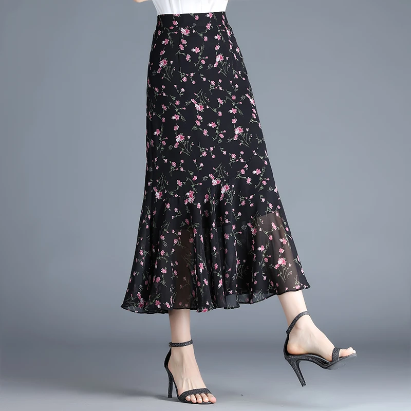 雪纺碎花半身裙气质鱼尾裙女裙子2025夏季新款垂坠感小个子包臀裙