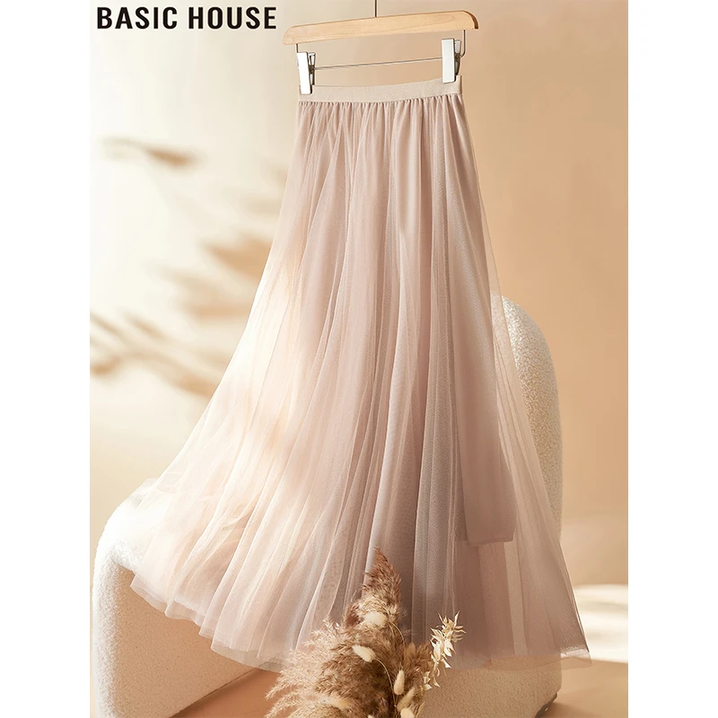 Basic House/百家好中长款百褶网纱半身裙女士秋季高腰显瘦a字裙
