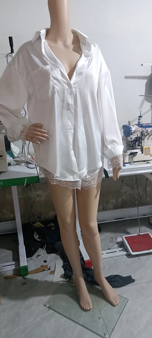 薄款通用短裤女成人短裙长袖睡衣百搭白色宽松上衣系带家居服