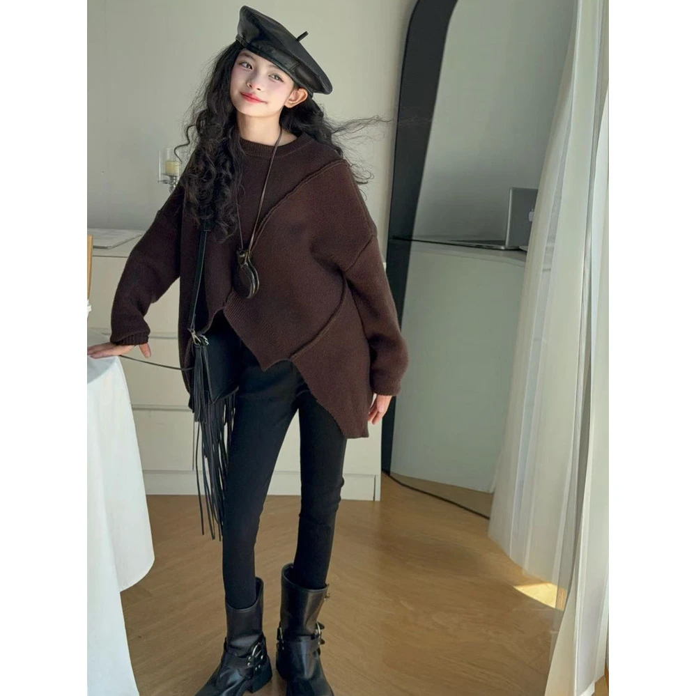 女童加厚毛衣打底裤套装2025儿童不规则针织衫长裤女孩韩范秋冬装