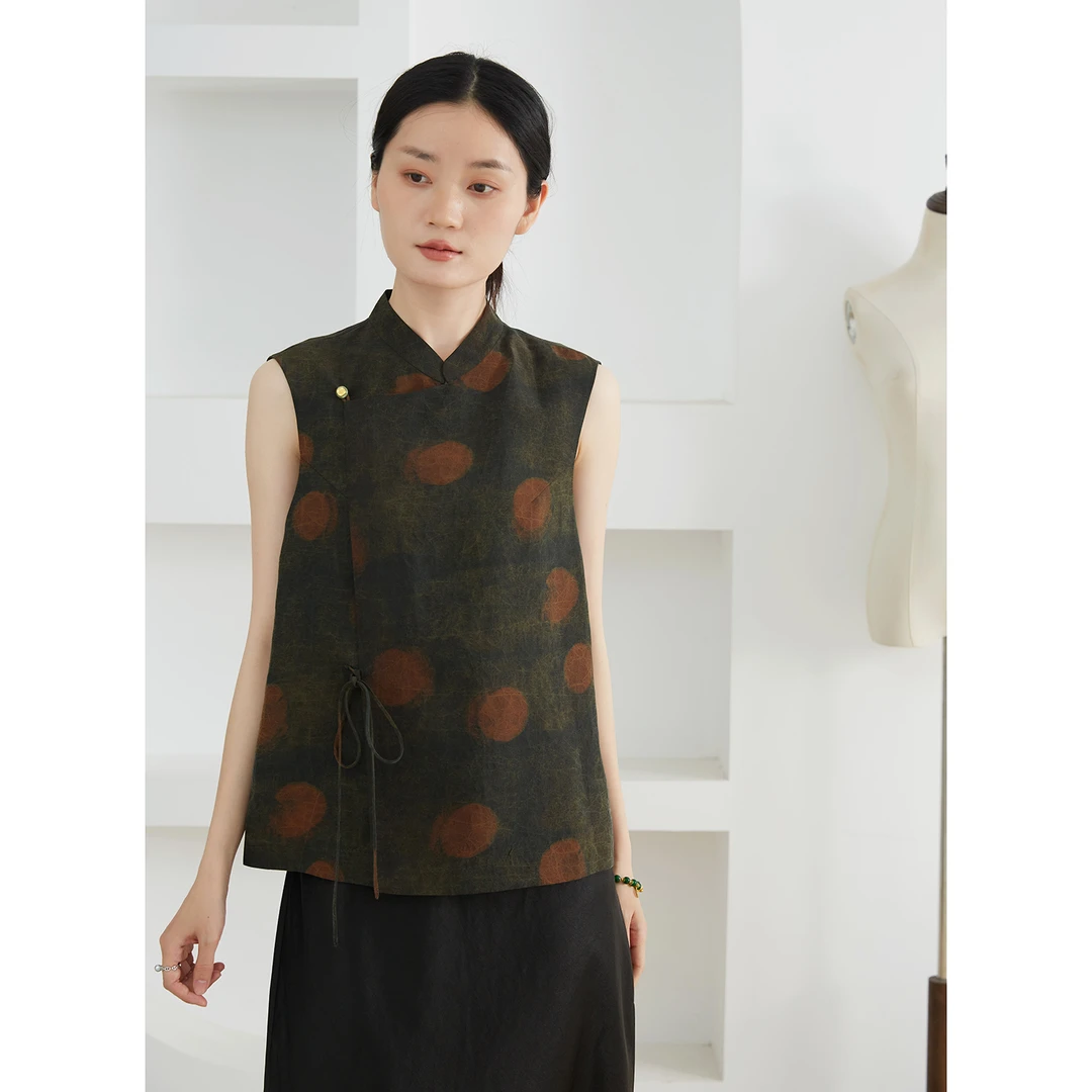 真丝香云纱波点马甲女100%桑蚕丝立领斜襟系带中式外套夏WT52086