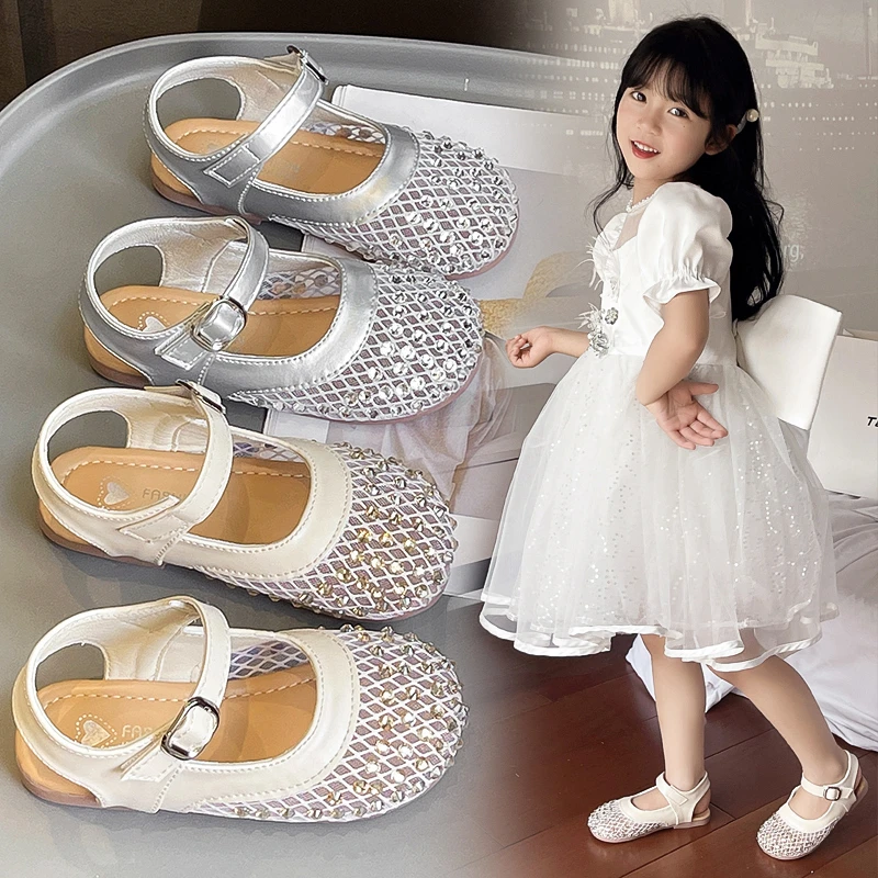 女童水钻透气网鞋软底包头凉拖鞋夏季新款纯色沙滩鞋7300