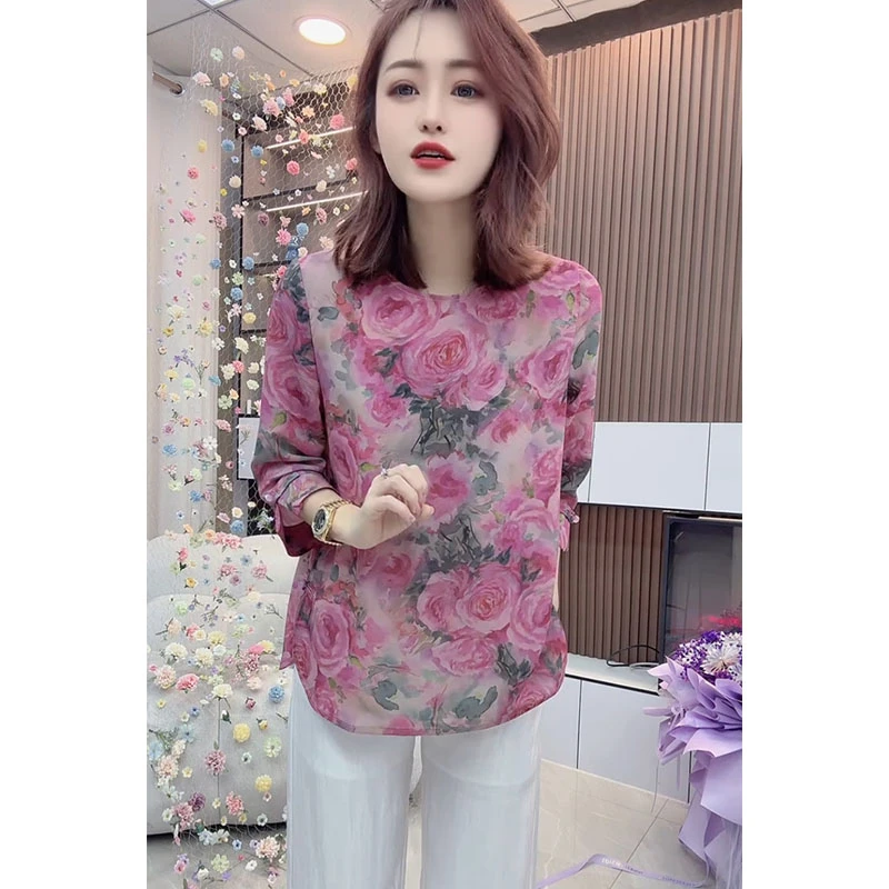 冰凉粉色玫瑰印花晕染中袖衫2025夏季新款时尚宽松遮肉洋气T恤