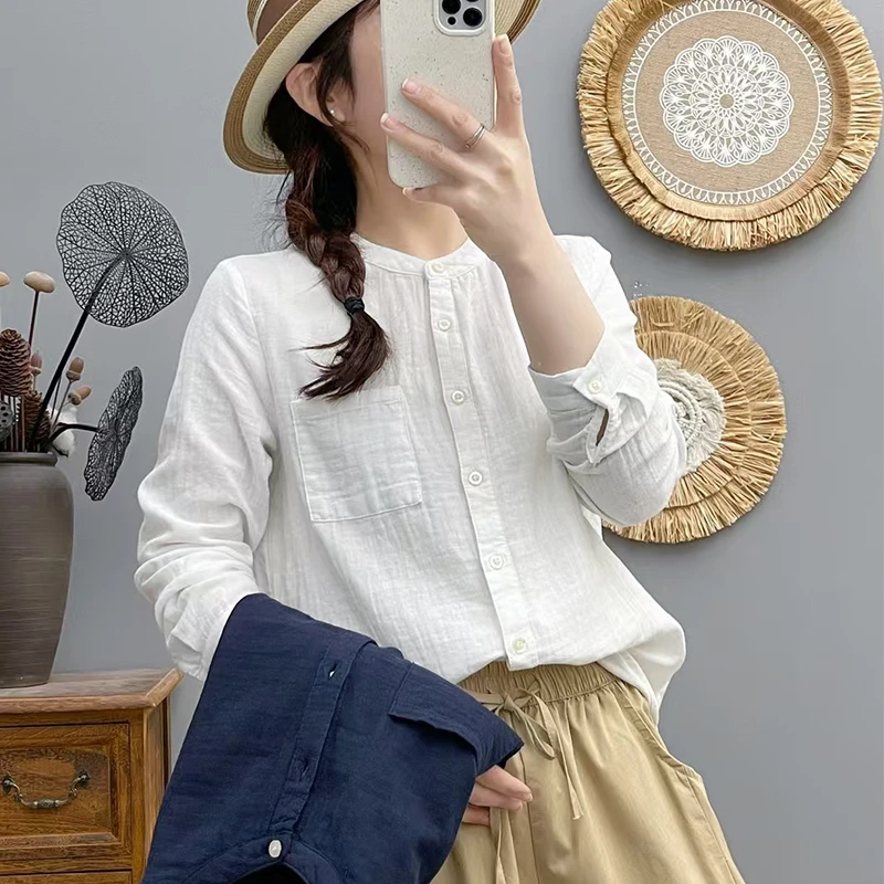 （立领纯色口袋衬衫）8501时尚经典单排扣口袋设计舒适百搭衬衫H