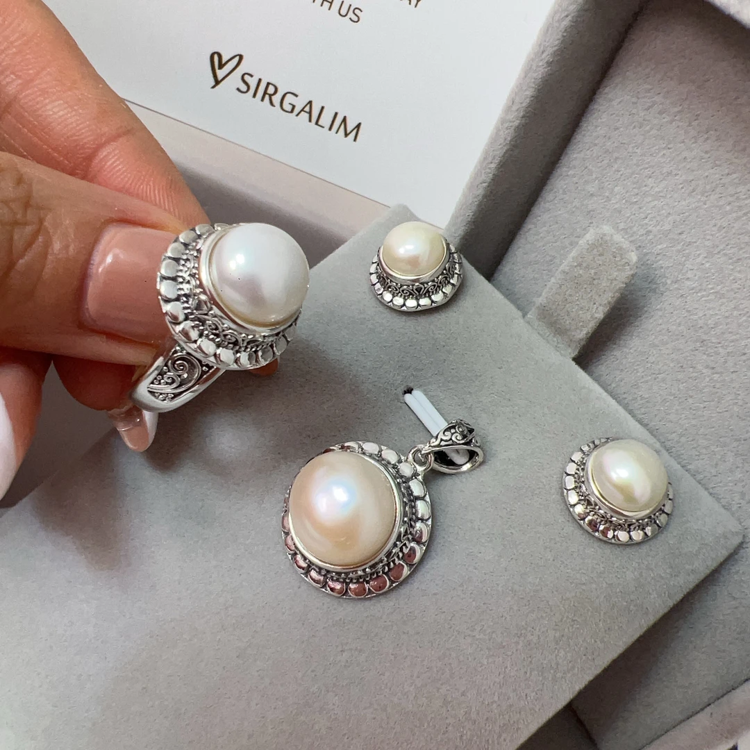 925银仿珍珠戒指 SIRGALIM银饰 复古珍珠套装