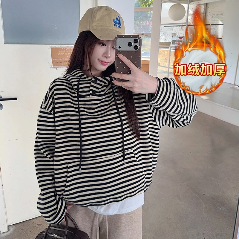 韩系慵懒风小众炸街高级感女装网红款潮牌撞色条纹连帽加绒卫衣女