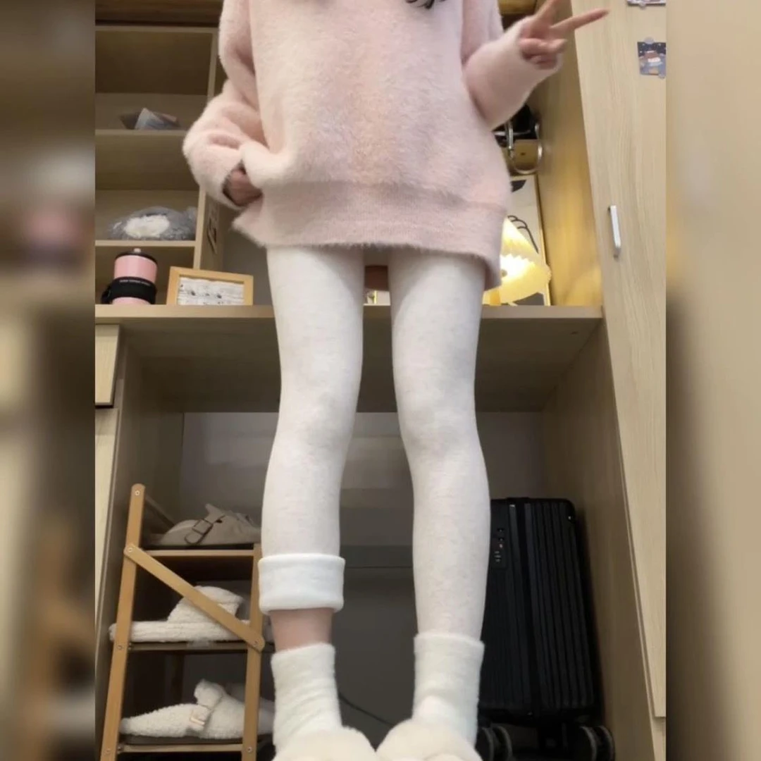 燕麦白打底裤加绒加厚高腰收腹女外穿新款紧身显瘦保暖秋裤连裤袜