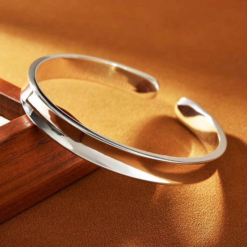 足银手镯 999足银手镯开口实心凹面简约时尚银饰小众年轻款