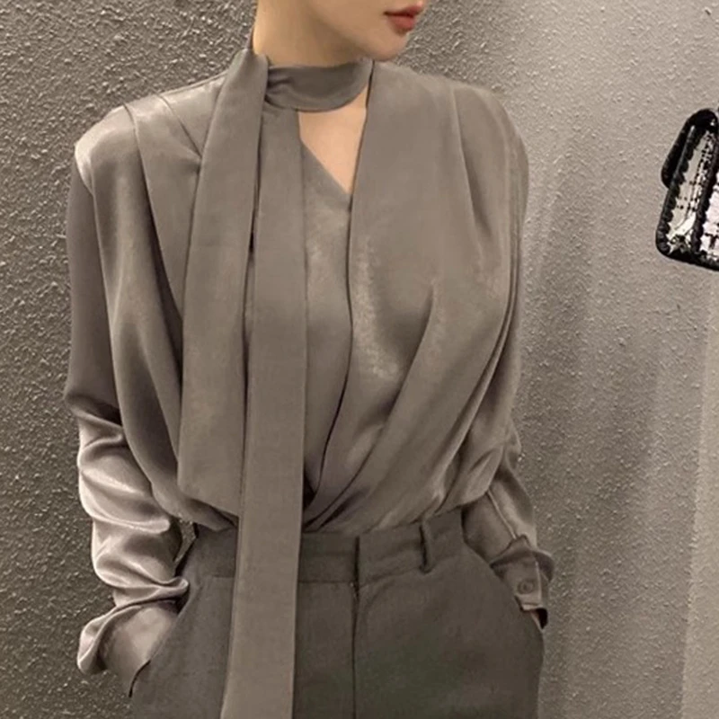 高级感轻奢衬衫女春御姐飘带V领衬衣法式设计感绝美漂亮上衣D0376