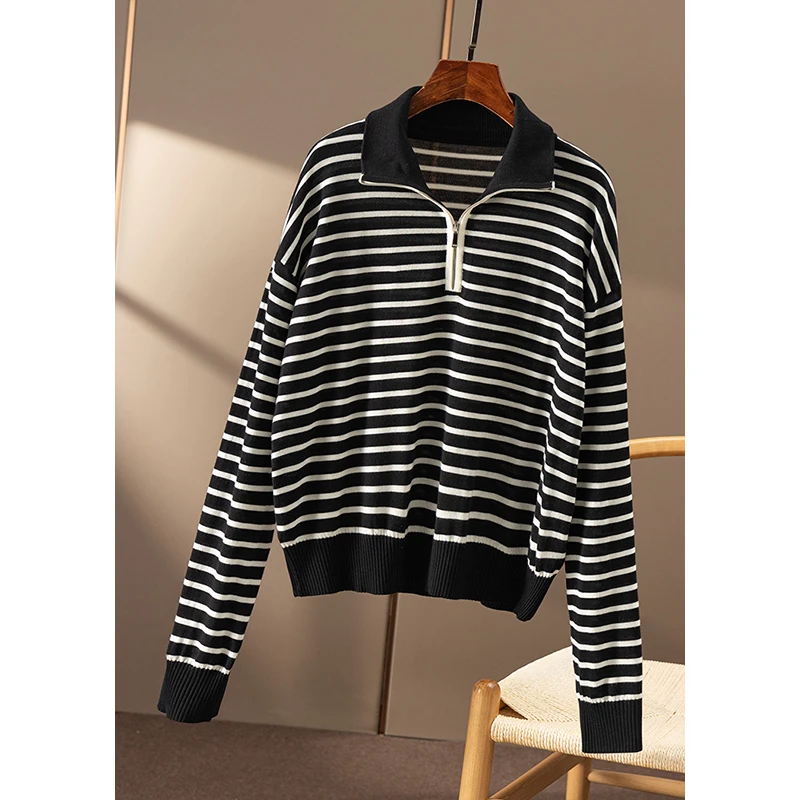 春天家 非凡品 法柜精纺60支美丽诺羊毛翻领条纹针织衫女3W39