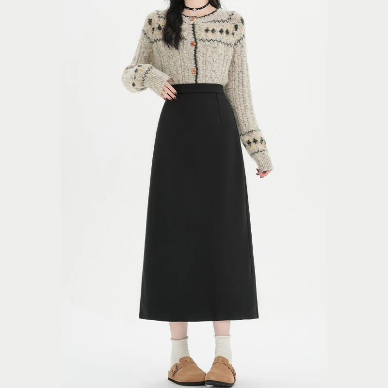 拉夏贝尔咖色毛呢a字半身裙女春秋新款高腰后开叉显瘦直筒包臀裙