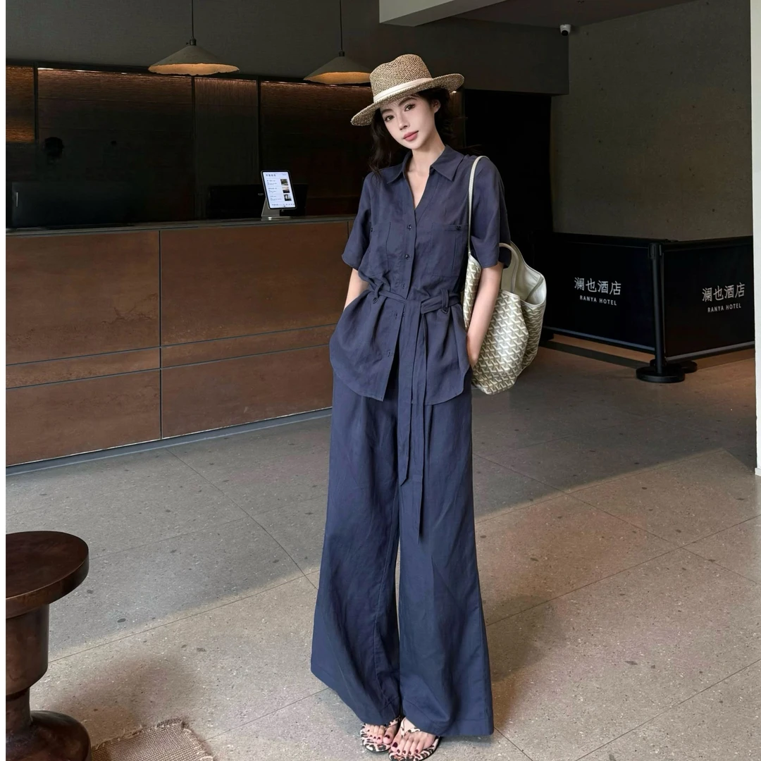 2025夏季韩版短袖衬衫套装通勤气质宽松休闲裤阔腿裤两件套