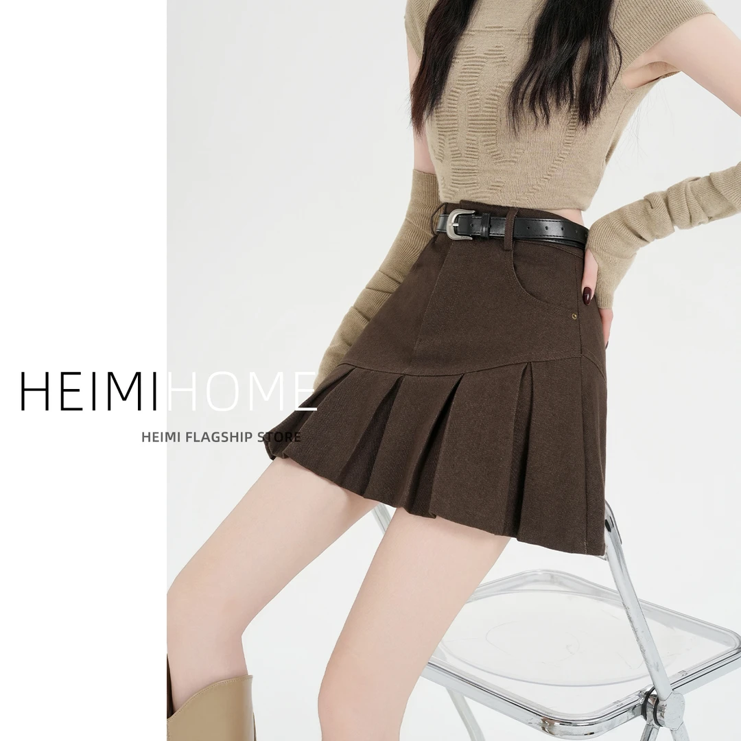 美式复古咖色压褶半身裙女秋冬季高腰小个子a字裙仿牛仔百褶短裙