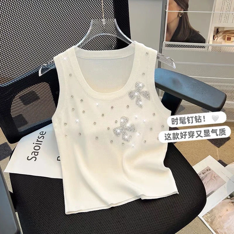 无袖针织衫女夏季新款设计感修身百搭重工镶钻蝴蝶结吊带背心上衣