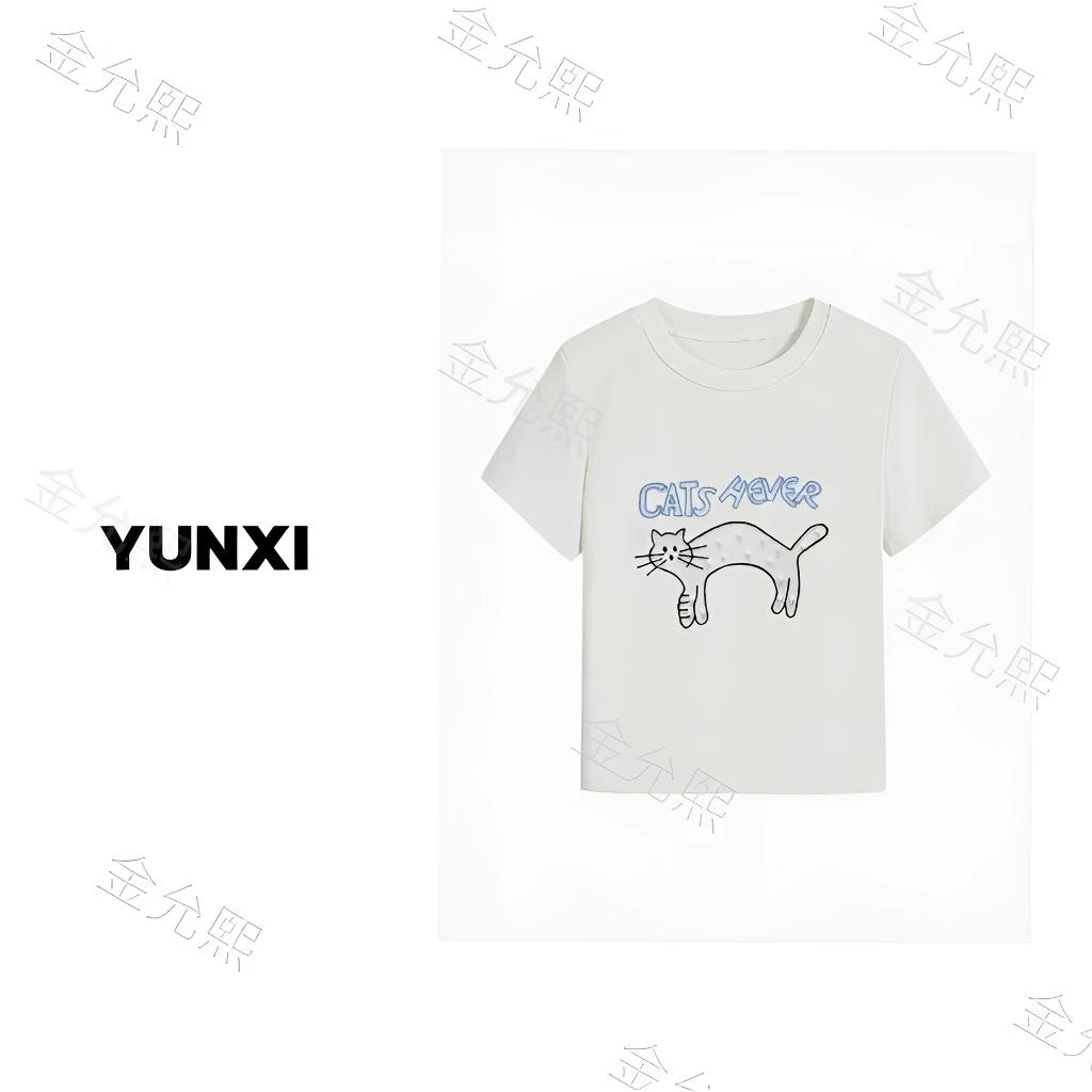 【钉珠猫咪】2025新款夏季韩版重工卡通猫咪字母刺绣T恤百搭上衣