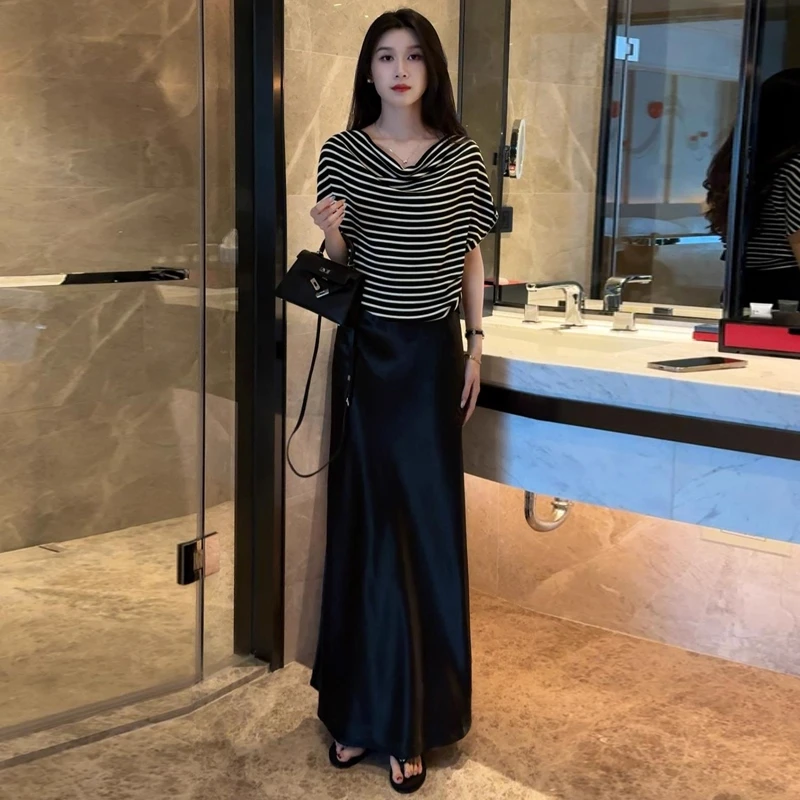 时尚套装裙女2025夏季新款洋气显瘦条纹斜肩上衣半身裙减龄两件套