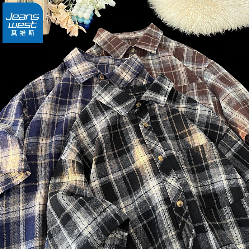 真维斯美式格子短袖衬衫高级感痞帅夏季潮牌宽松复古vintage衬衣