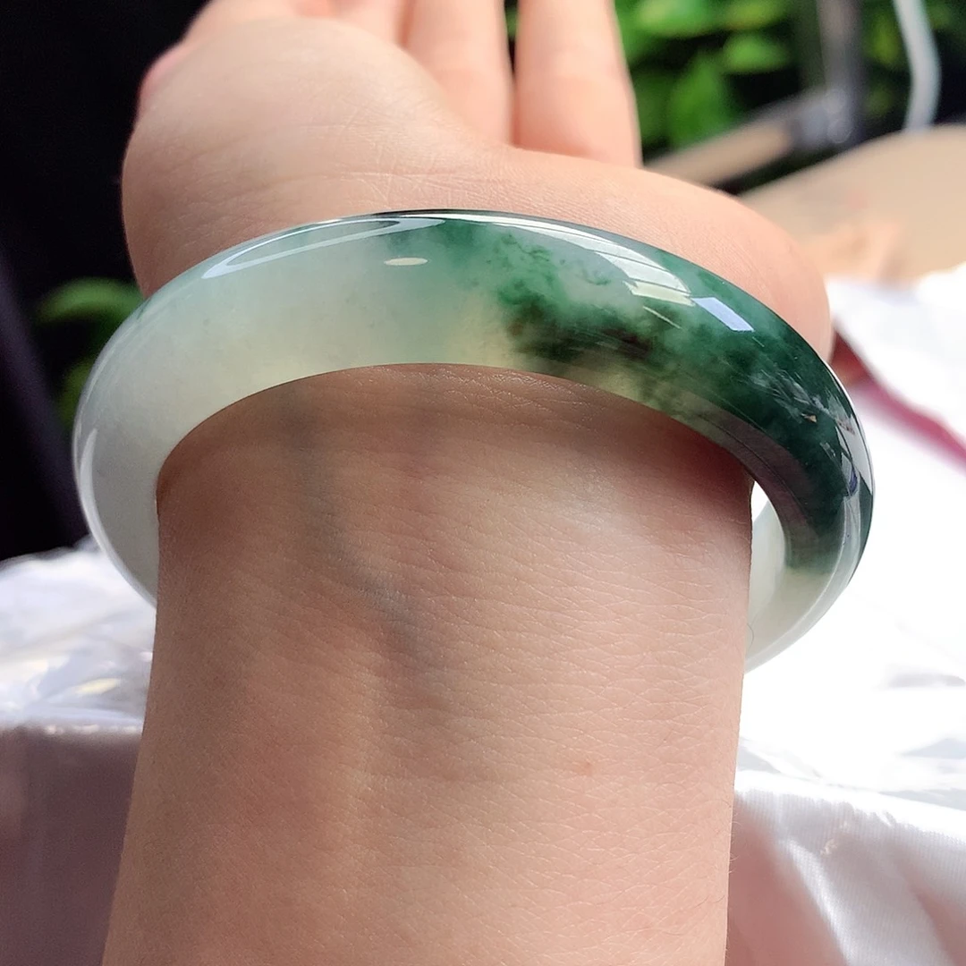 未镶嵌手镯翡翠5758圈口起光海藻花嘎嘎冰1号