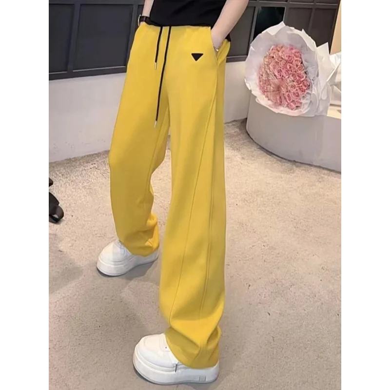 春秋新款美式户外休闲黑色三角形刺绣设计感抽绳直筒运动卫裤子女