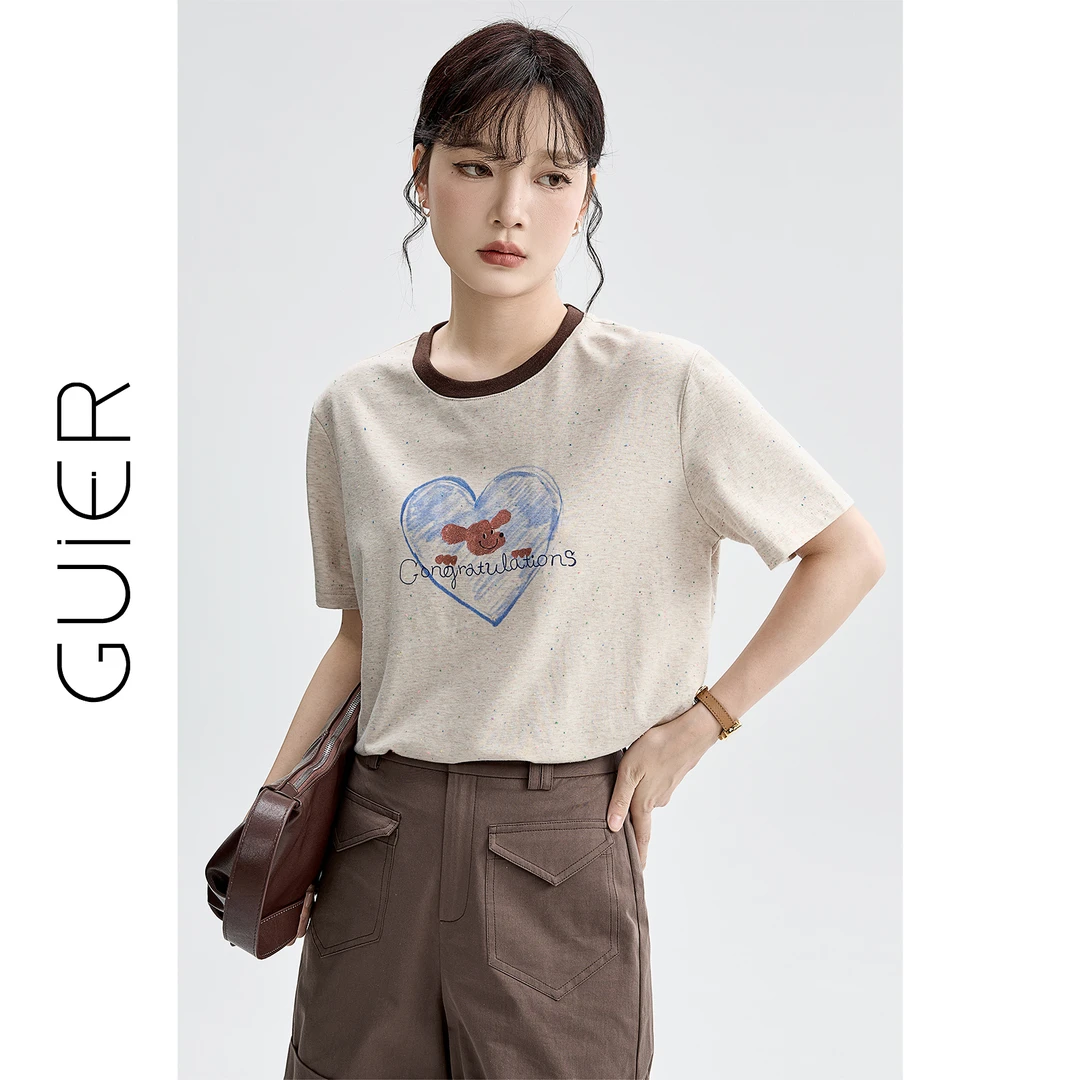 撞色短袖T恤女2025新款夏季圆领显瘦宽松休闲印花上衣G6036