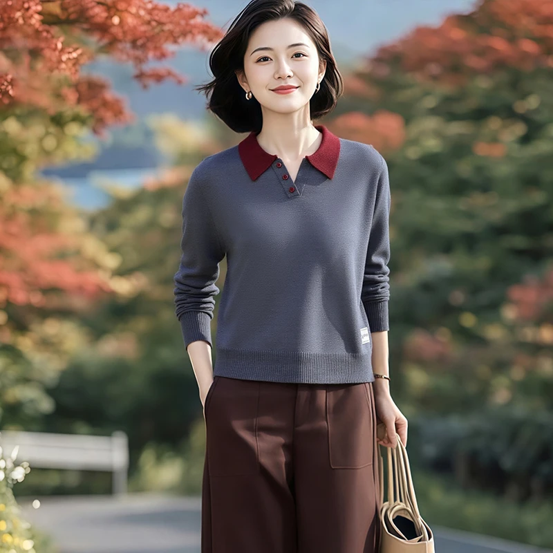SY#翻领撞色毛衫针织衫女显瘦洋气时尚新款短款宽松上衣DY14894