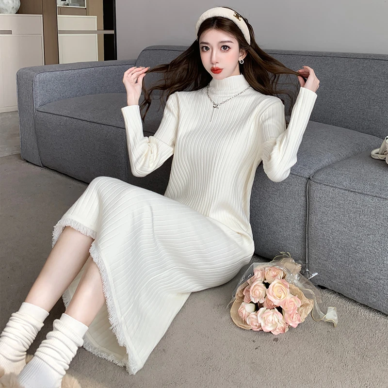 时尚长袖流苏针织连衣裙女秋冬季新款半高领长款毛衣裙内搭慵懒风