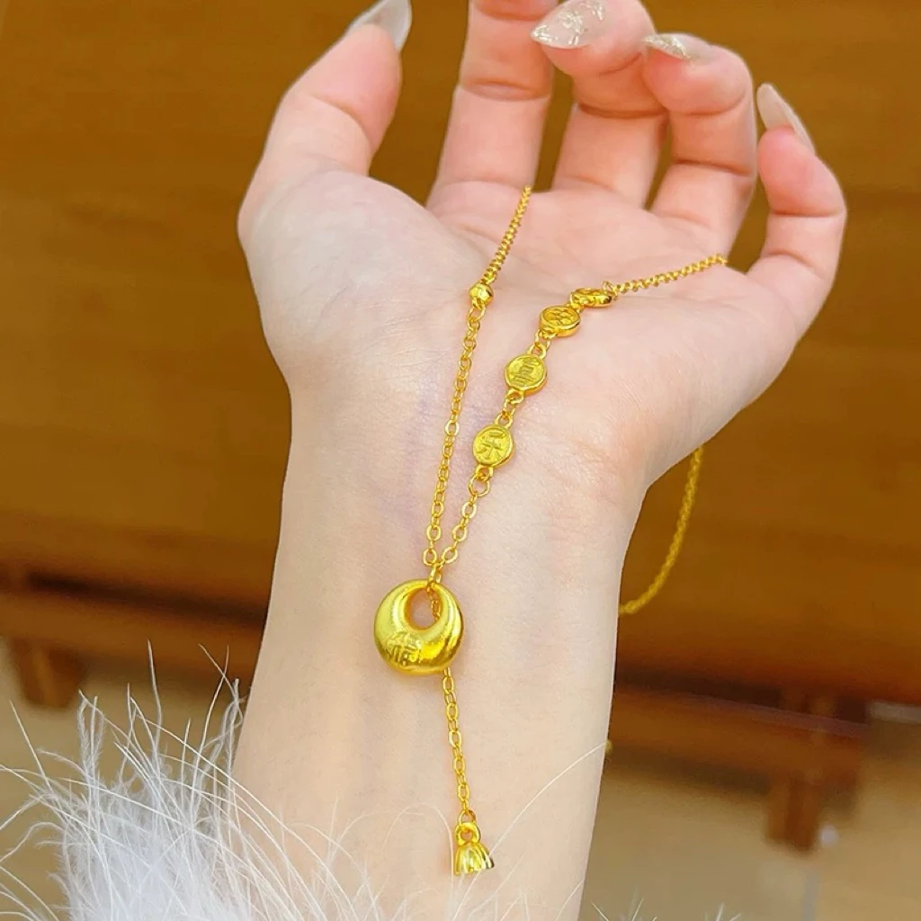 钛钢项链 209古法镀k金平安喜乐小福坨项链金坨锁骨链时尚百搭