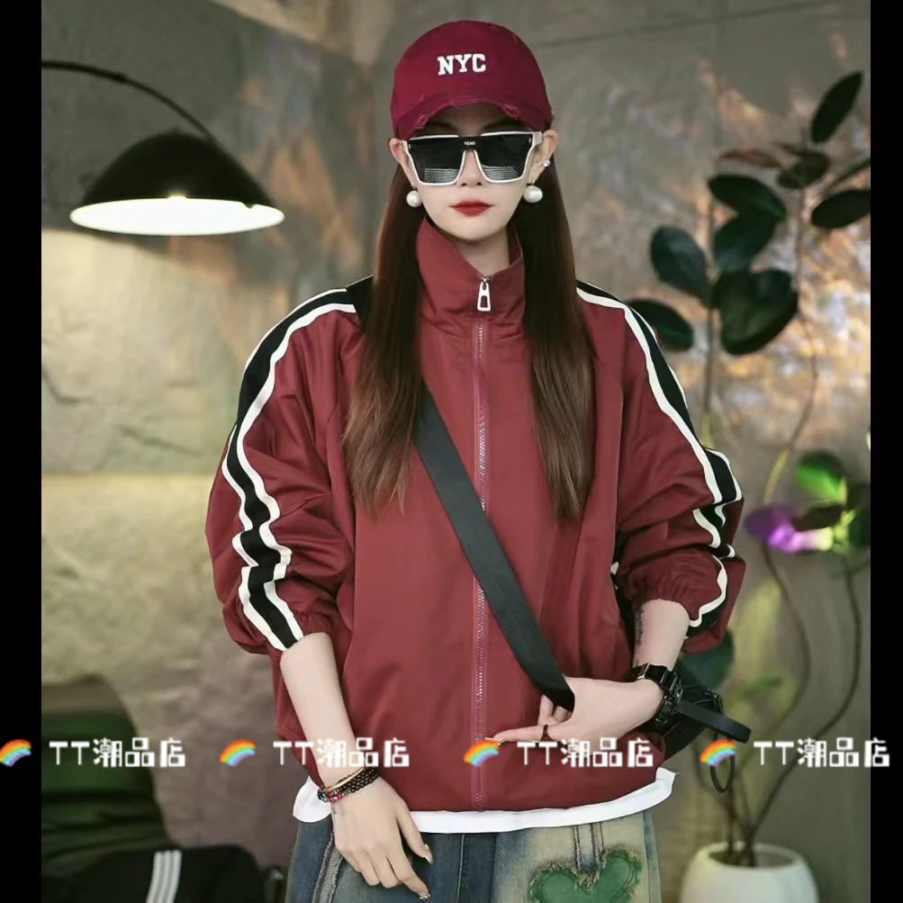 【TT潮品】春季新款时尚韩版条纹边宽松显瘦立领拉链夹克外套6215