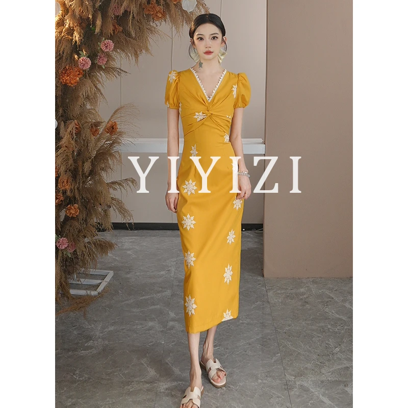 依依子【夏日暖阳】黄色高级感连衣裙女夏季长裙2025修身显瘦裙子