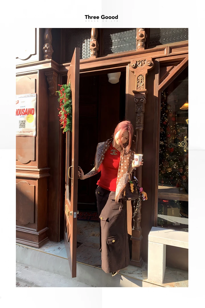 THREE GOOOD/三吉49.2%绵羊毛富士山下毛呢工装半裙SSQ241235