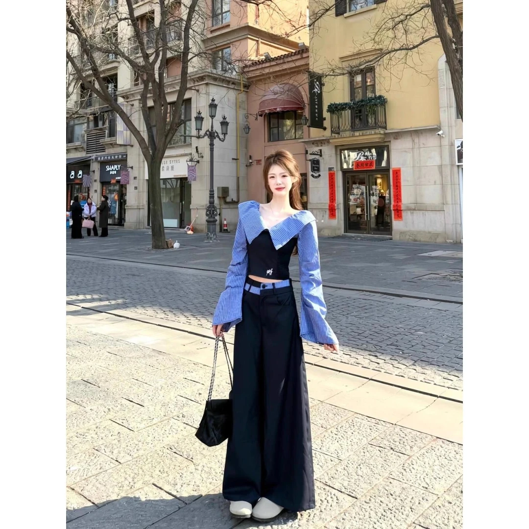 一字肩短款上衣女秋装法式掐腰多巴胺古早日杂春日莫穿搭
