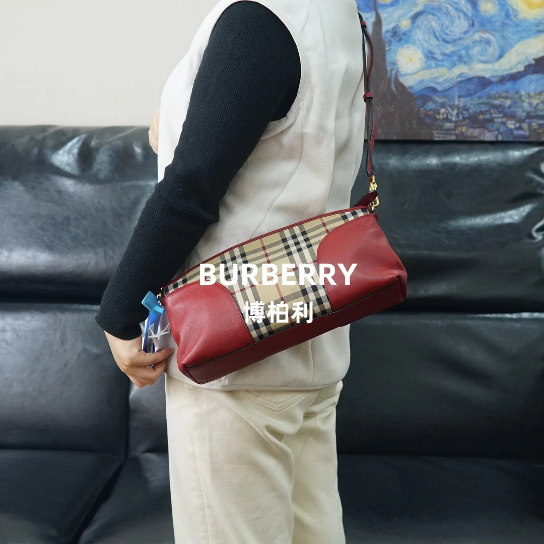 95新 BURBERRY/博柏利 巴宝莉/格纹拼皮斜挎包/WJ12515019/5019