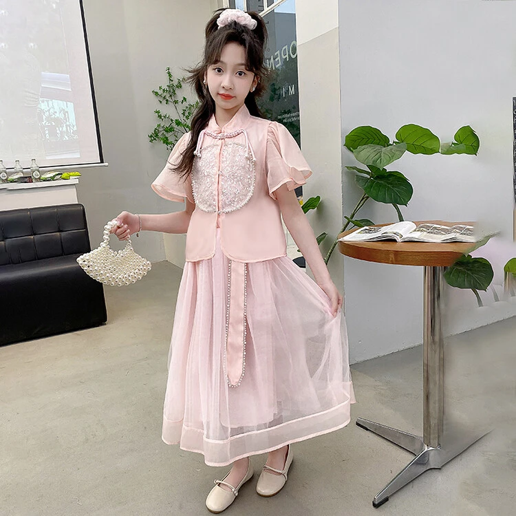 新中式半袖国风长裙两件套2025年夏季新款女童中大童套装裙子