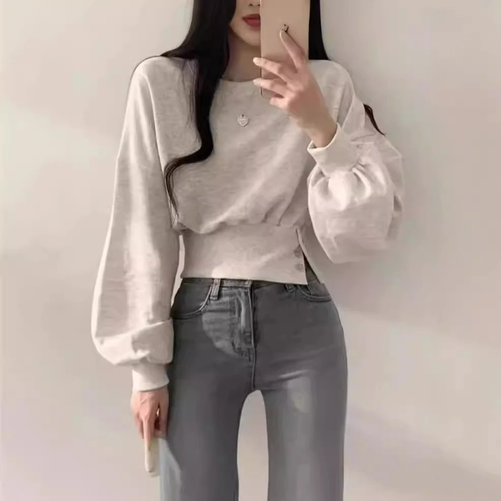短款时尚加绒女套头秋季网红长袖修身韩版圆领卫衣早秋冬季毛呢