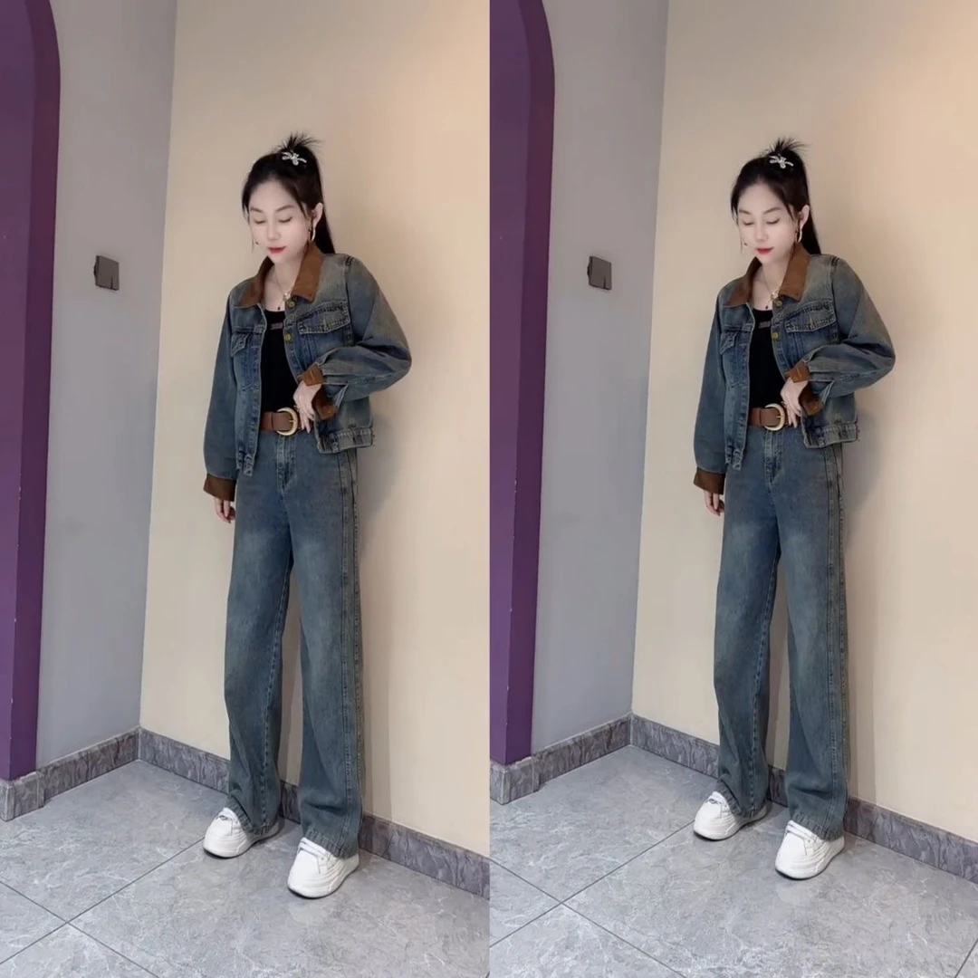 2025春秋爆款欧货时尚复古牛仔短外套高腰阔腿裤两件套显瘦9171