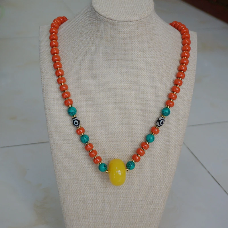 铜合金树脂项链 民族风藏装藏族舞蹈配饰 仿珊瑚树脂项链 毛衣链