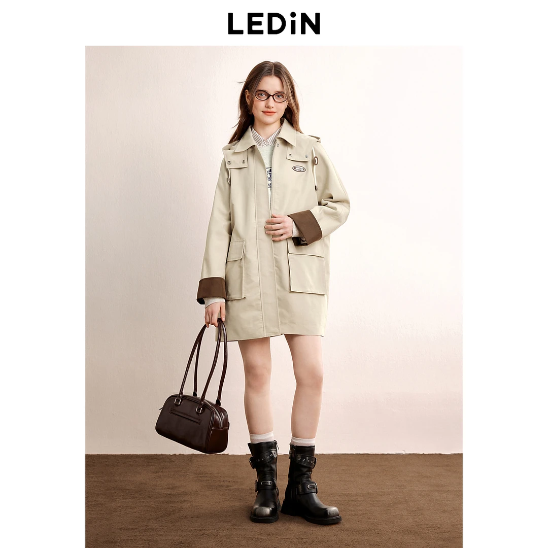 乐町中长款风衣24秋季连帽大口袋撞色袖口韩系宽松大衣外套