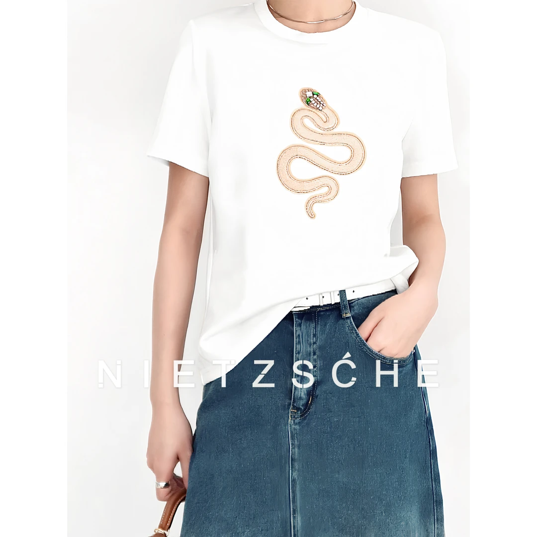 Nietzsche｜蛇如意｜蛇年限定 新疆长绒棉 显瘦白色短袖女T恤61700