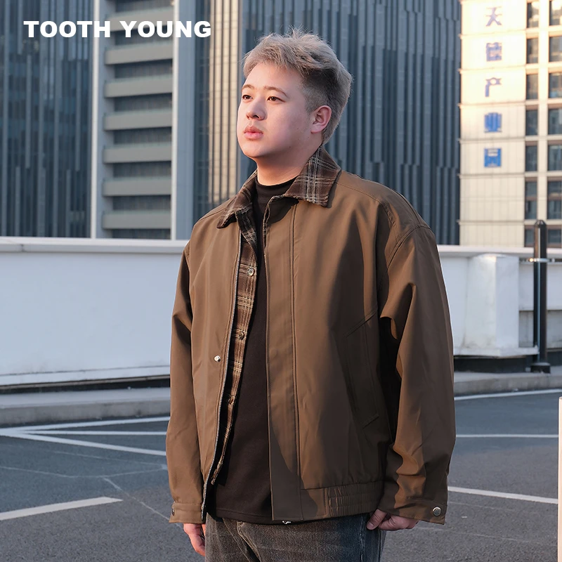 郑一爱穿搭 【假两件夹克】春季格纹拼接翻领显瘦宽松男士外套