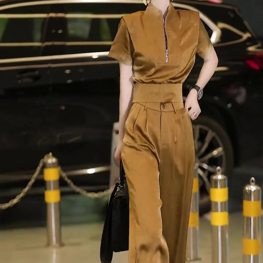 新款时尚气质纯色夏季短袖上衣阔腿裤套装