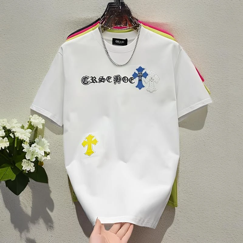 多巴胺夏季刺绣烫钻微阔t恤圆领短袖男士时尚潮流半袖T恤男