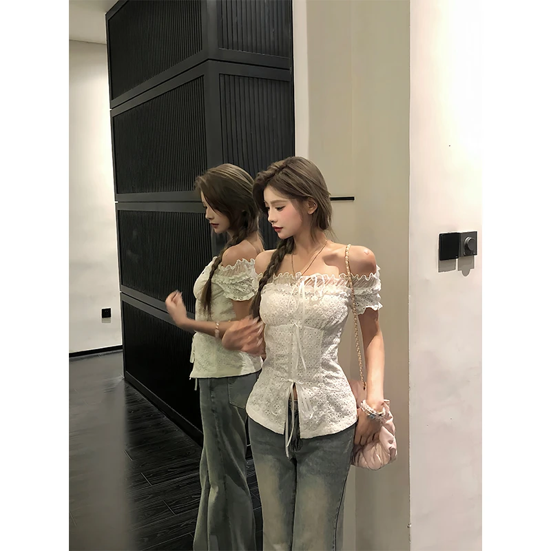 【七颗虾滑蕾丝】夏季短款镂空设计感气质泡泡袖修身衬衫252K2398#