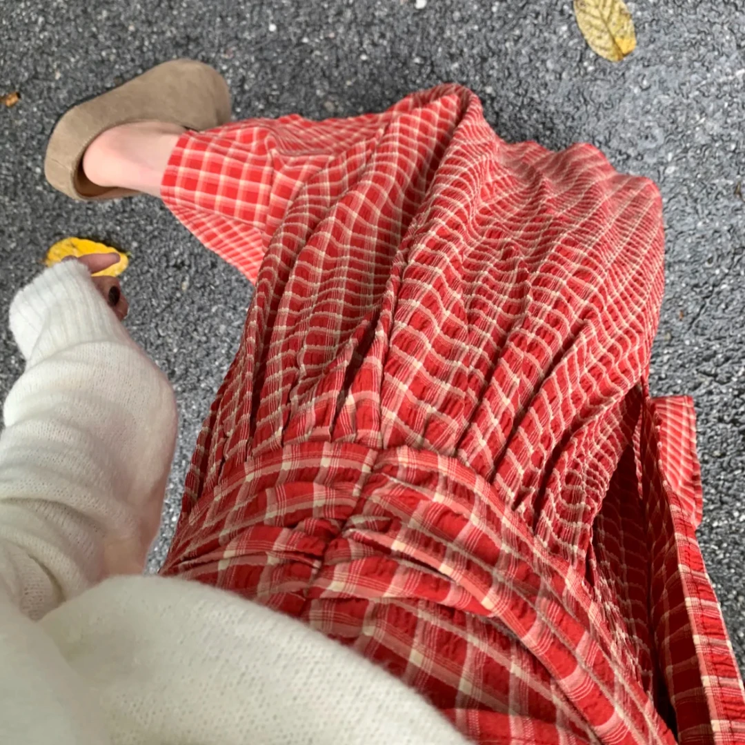 复古文艺气质简约a字高腰格子半身裙女春夏氛围感韩系长裙