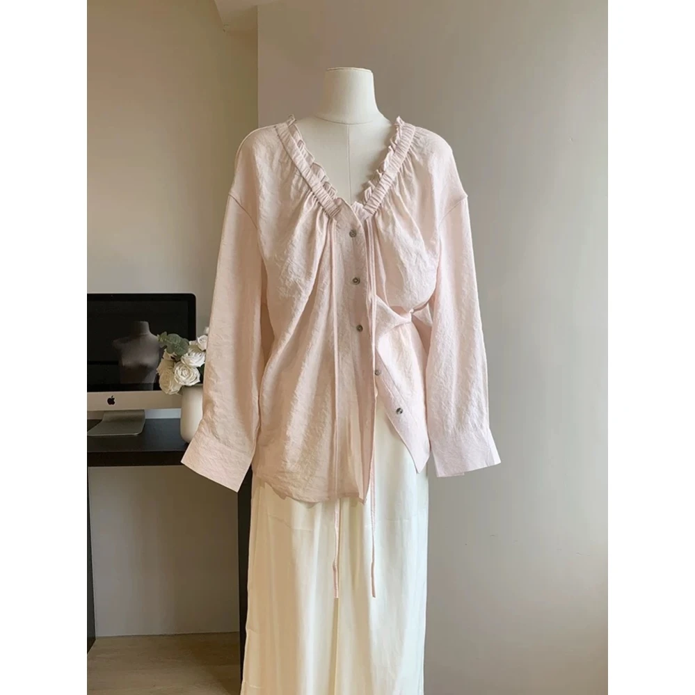 【法式烂漫】 2025夏季新款木耳边V领衬衫女慵懒薄款上衣